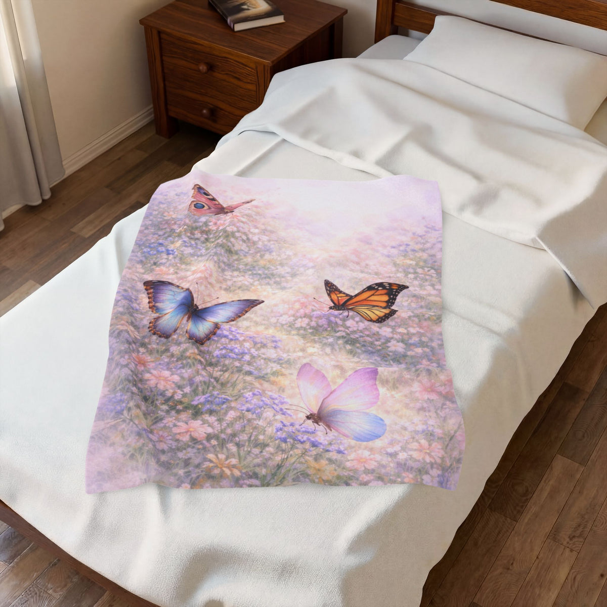 Manta de felpa Butterfly Meadow — Manta suave en tonos pastel para dormitorio, cuarto infantil y regalos acogedores