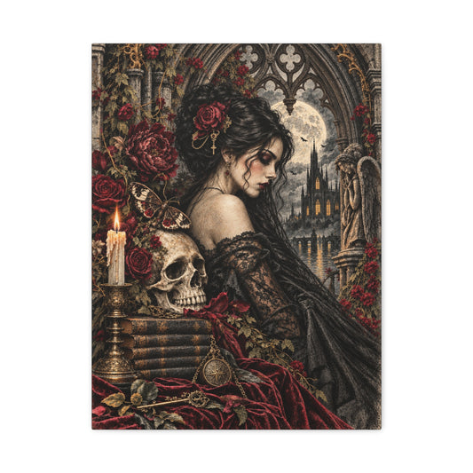 Gothic Romance Canvas Print – Victorian Woman with Skull & Moonlit Cathedral