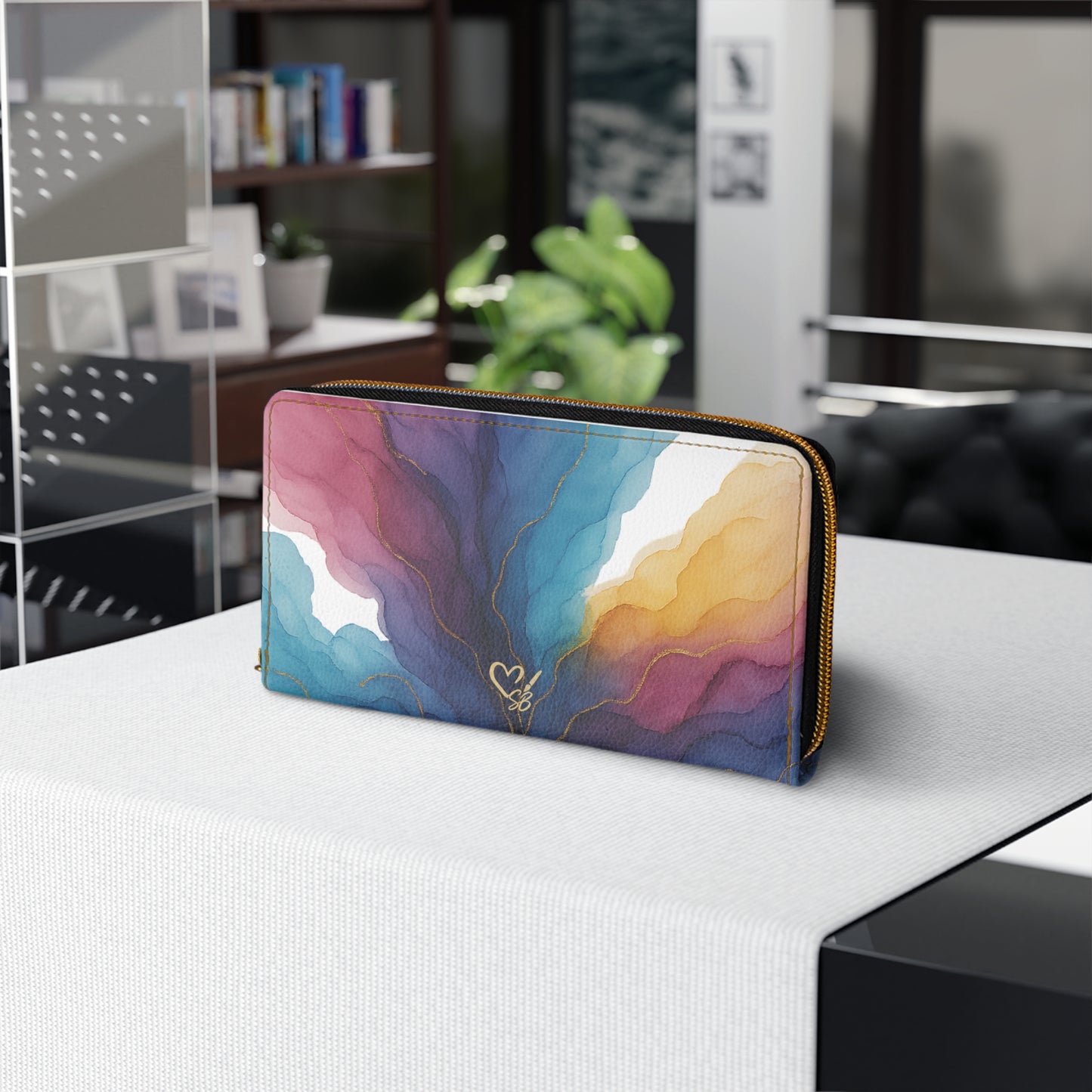 Gloria Zipper Wallet — Colorful Watercolor Wave Zip-Around Wallet with Gold Accents