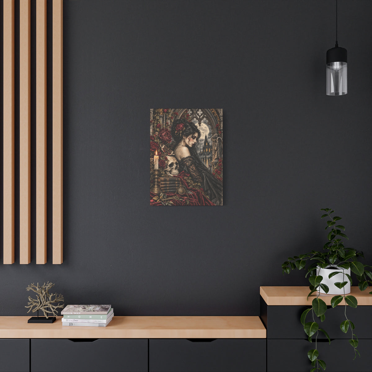 Gothic Romance Canvas Print – Victorian Woman with Skull & Moonlit Cathedral