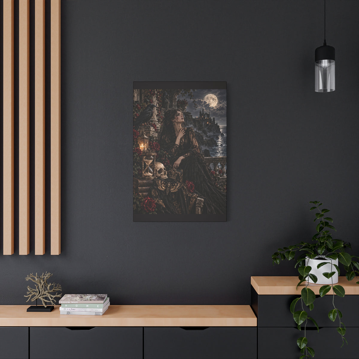 Gothic Moonlight Lady Matte Canvas Wall Art —Garden of Sorrow- Gothic Castle, Skull & Rose Décor