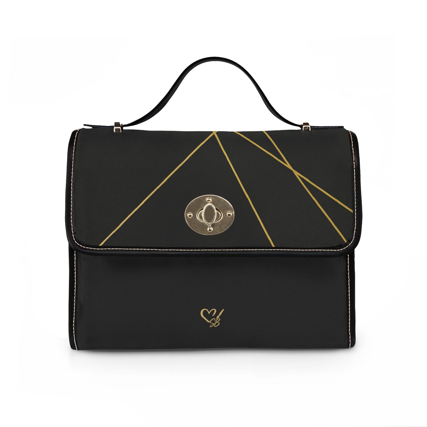 Michelle canvas bag front view – black waterproof canvas tote with gold geometric lines and twist-lock clasp by the Soulful Brush
