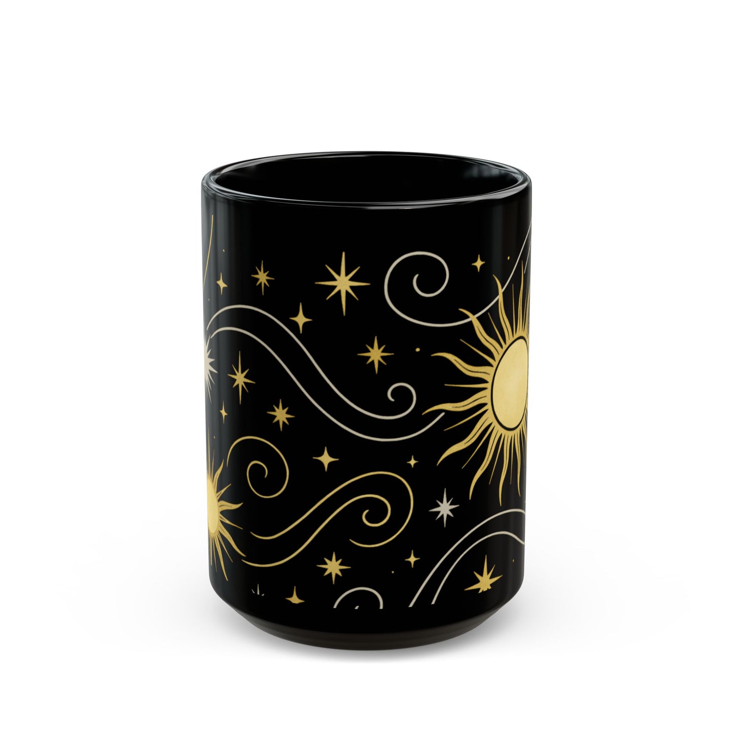 Astrology Sun & Stars Black Mug — Gold Celestial Coffee Cup (11oz/15oz)