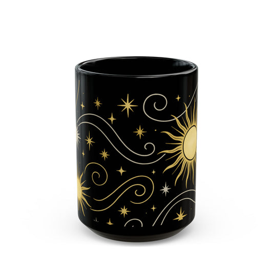 Astrology Sun & Stars Black Mug — Gold Celestial Coffee Cup (11oz/15oz)