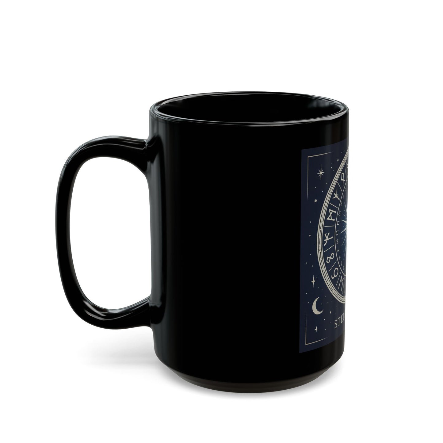 Taza Negra Stellar Nova — Taza de Café con Símbolo Zodiacal Celestial Starburst