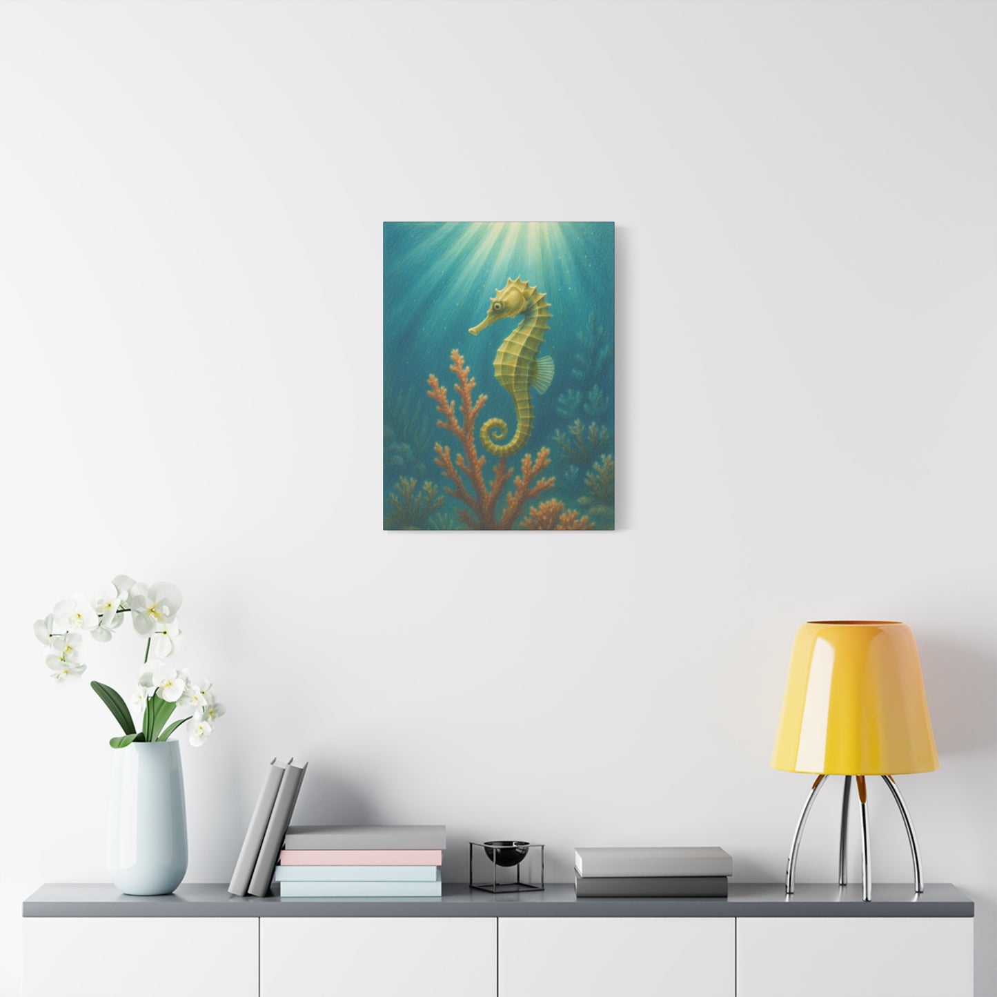 Lámina artística de caballito de mar con paspartú — Lámina artística náutica para pared