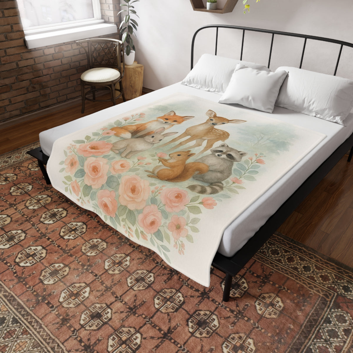 Manta de felpa Woodland Friends con diseño floral campestre elegante