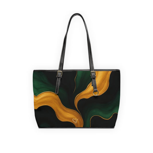 Miranda Artisan Luxe PU leather shoulder bag 16x10 front view – emerald and gold abstract print tote by the Soulful Brush
