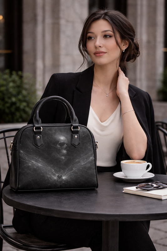 Restos Velados - Bolso de Hombro con Calavera Gótica - Bolso de Calavera Ahumada Oscura con Huesos Cruzados