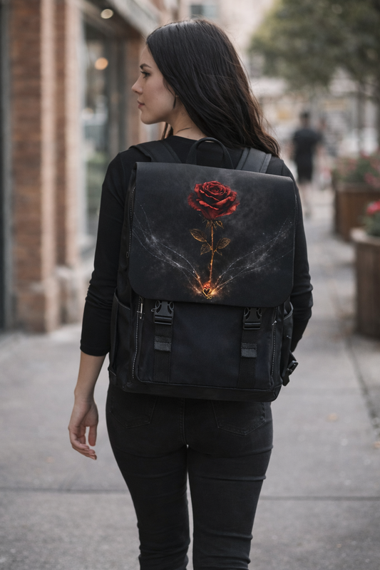 Mochila con diseño de boceto de rosas rojas góticas "Eternal Bloom" – Bandolera informal romántica oscura