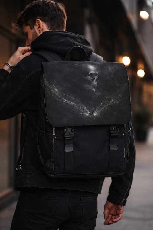 Mochila Velada Restos-Gótica Alas de Calavera – Mochila de Hombro Casual con Solapa de Calavera Oscura
