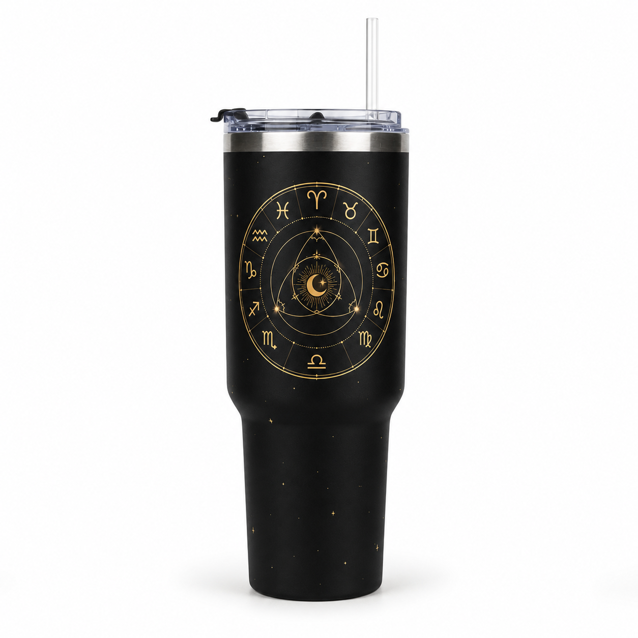 Triad Zodiac Wheel 40oz Tumbler — Vacuum Insulated Travel Mug with Gold Constellation Design