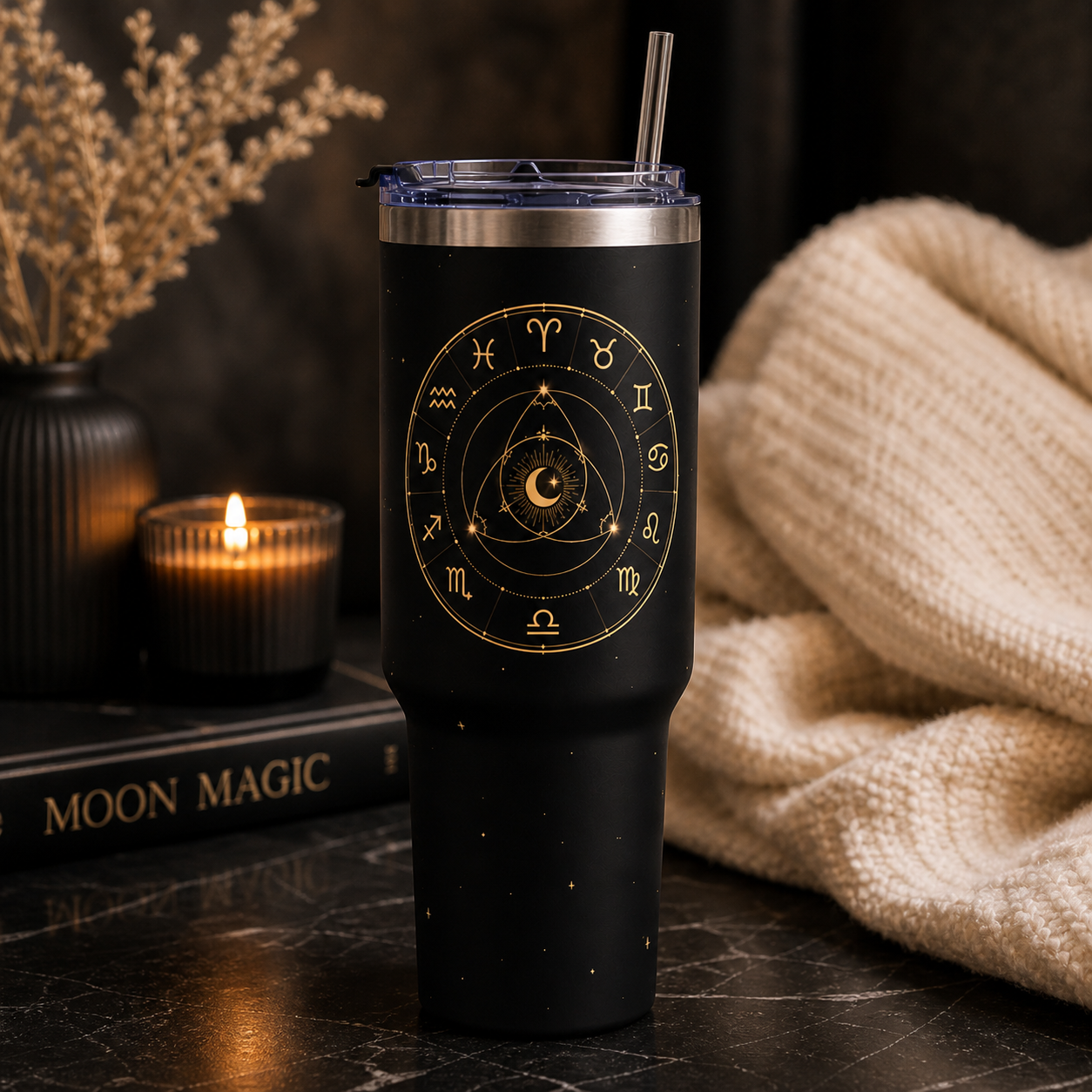 Triad Zodiac Wheel 40oz Tumbler — Vacuum Insulated Travel Mug with Gold Constellation Design