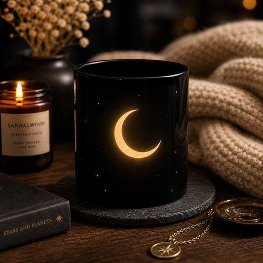 Lunar Veil black crescent moon ceramic mug 11oz –15 oz- minimal gold moon and stars coffee cup by the Soulful Brush
