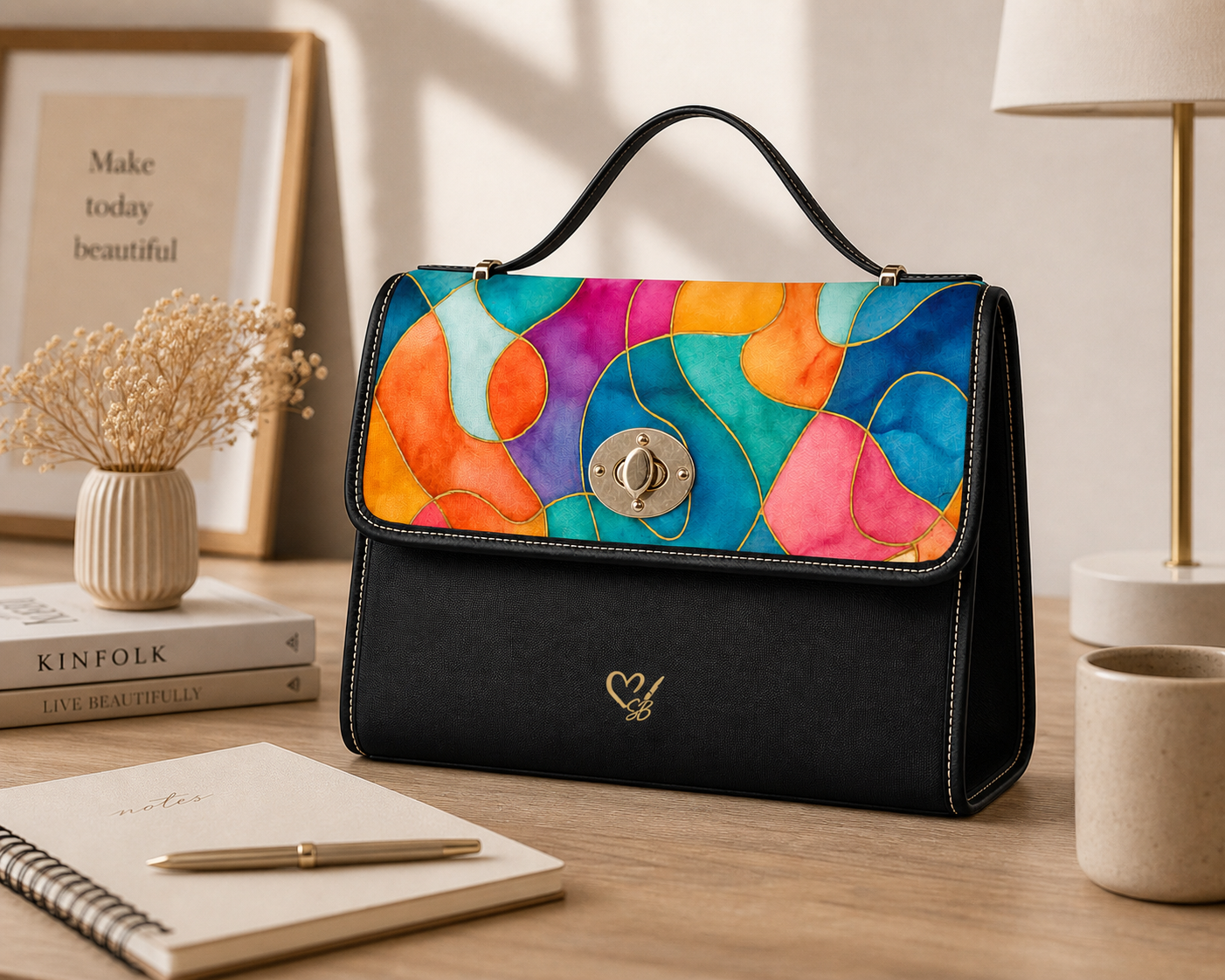 Vicky canvas handbag lifestyle shot on desk – colorful abstract watercolor flap purse by the Soulful Brush
