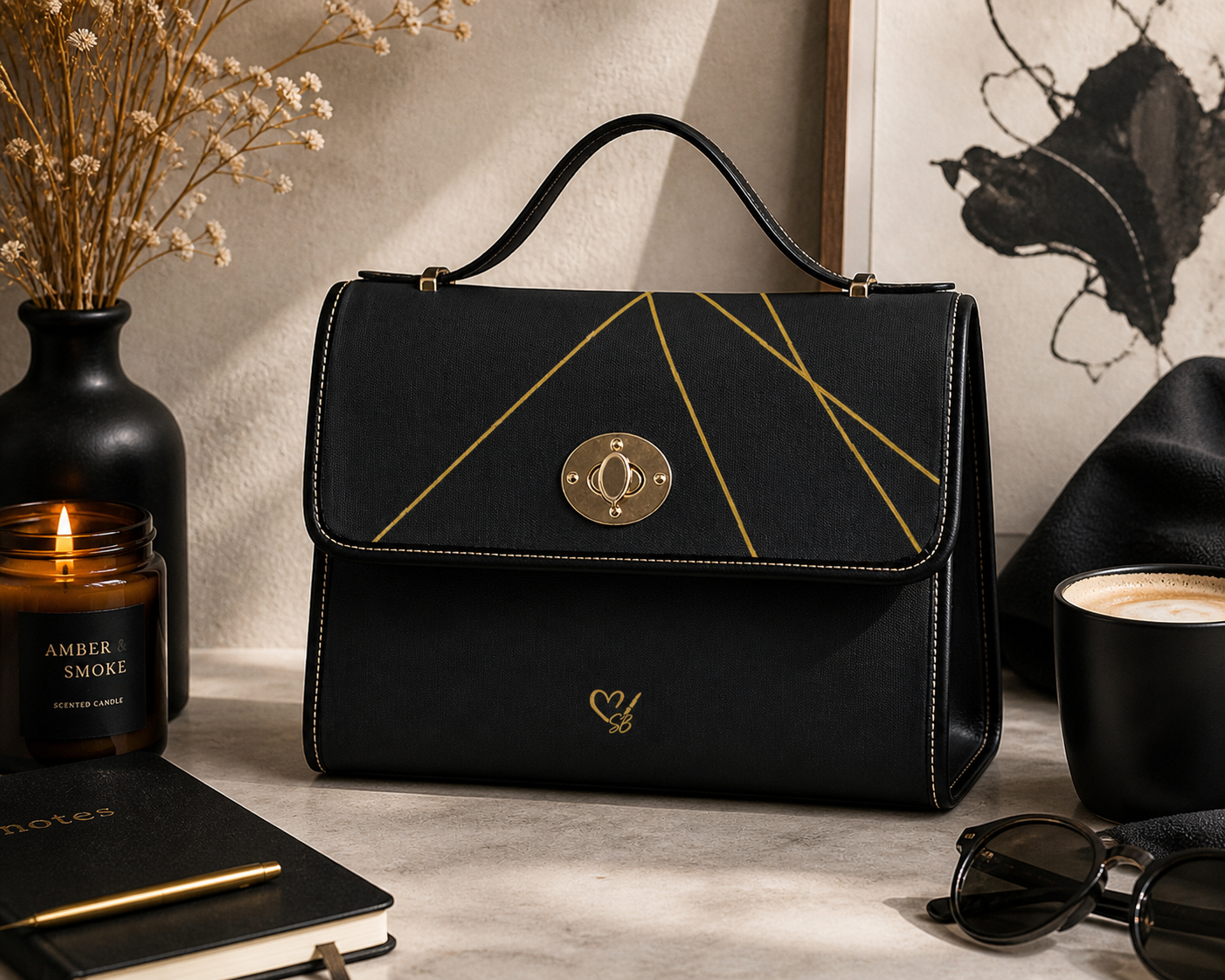 Michelle canvas bag lifestyle shot – black gold geometric waterproof tote handbag by the Soulful Brush
