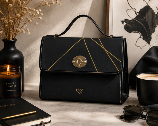 Michelle canvas bag lifestyle shot – black gold geometric waterproof tote handbag by the Soulful Brush
