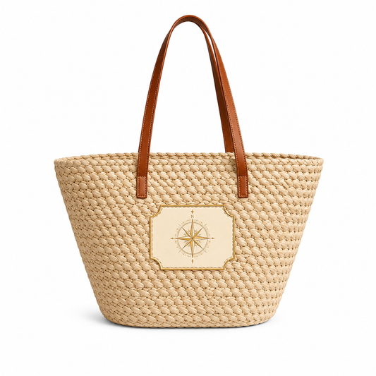 Woven Straw Tote Bag — Sea Turtle, Compass Rose, Sanddollar, you choose, Beach Tote (Coastal Summer Market Bag)