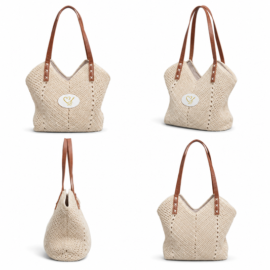 Boho Straw Shoulder Bag with Leather Straps – Casual Beach Tote