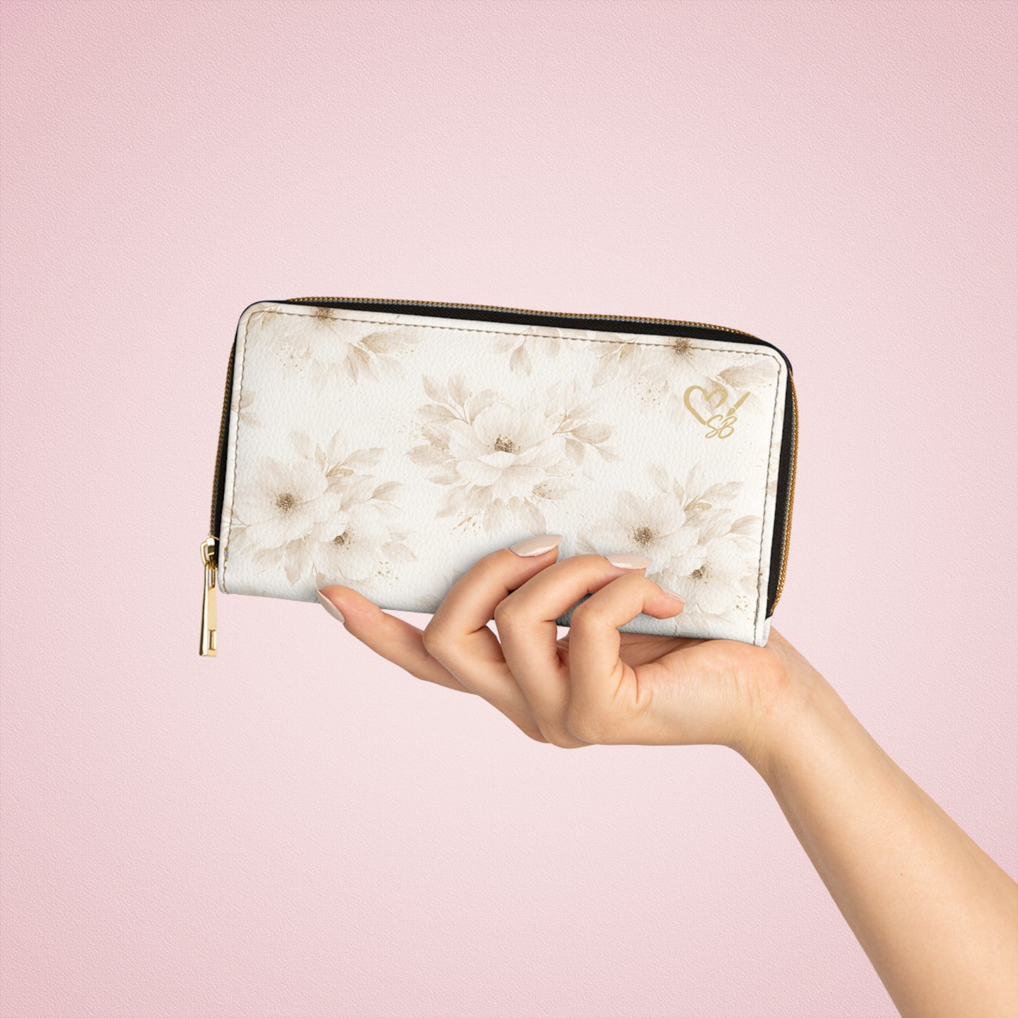 Billetera con cremallera Soft Bloom-Floral — Billetera con diseño de margaritas en acuarela suave y neutra con detalles dorados