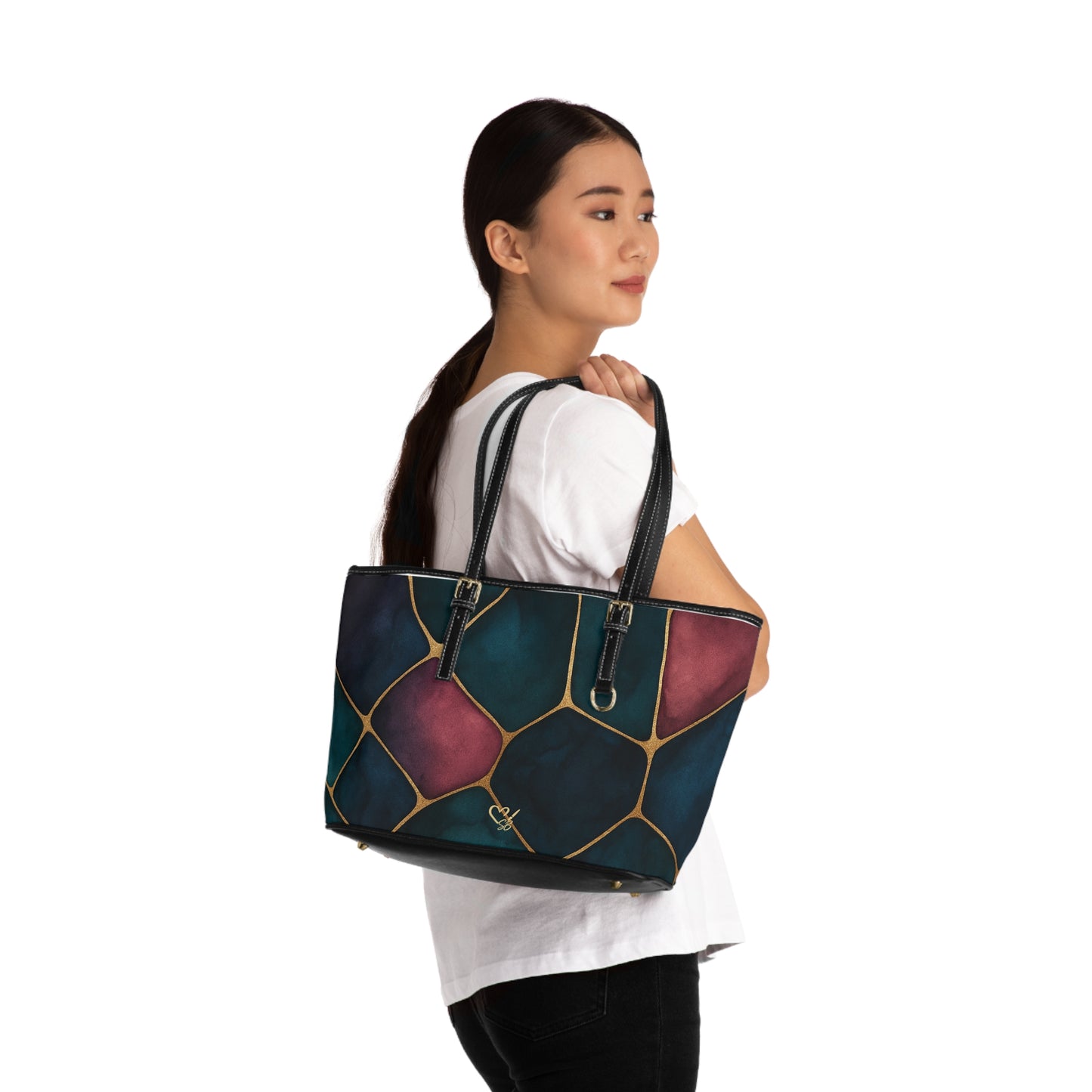 Abstract Stained Glass PU Leather Shoulder Bag — Teal & Wine Mosaic Tote