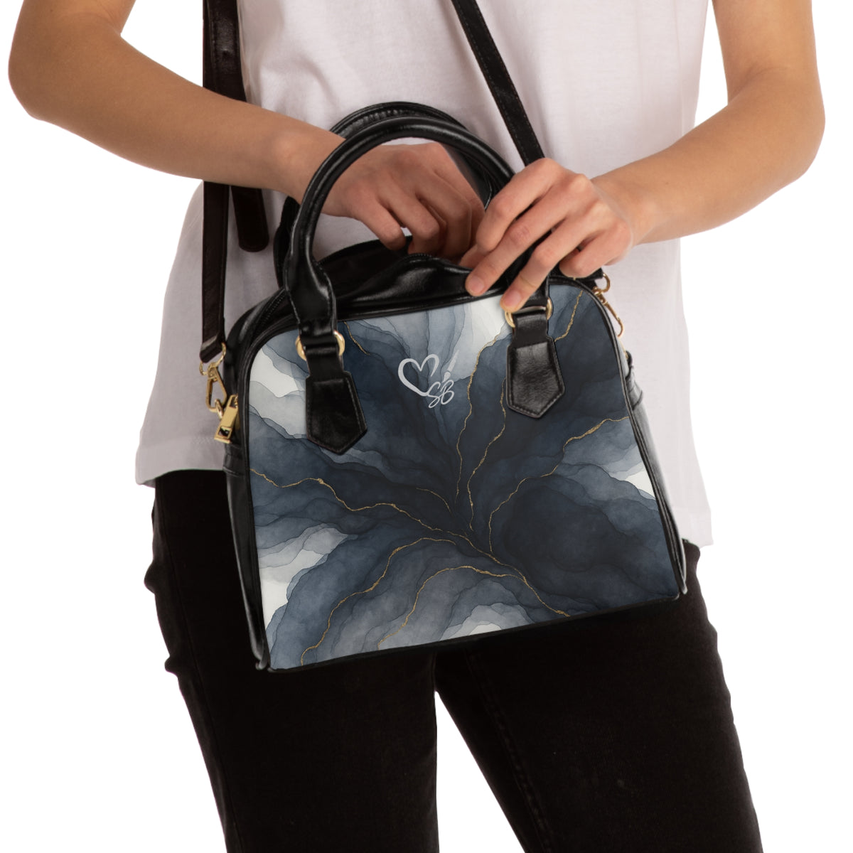 Marble Ink Shoulder Handbag — Elegant Black & Gold Abstract Print