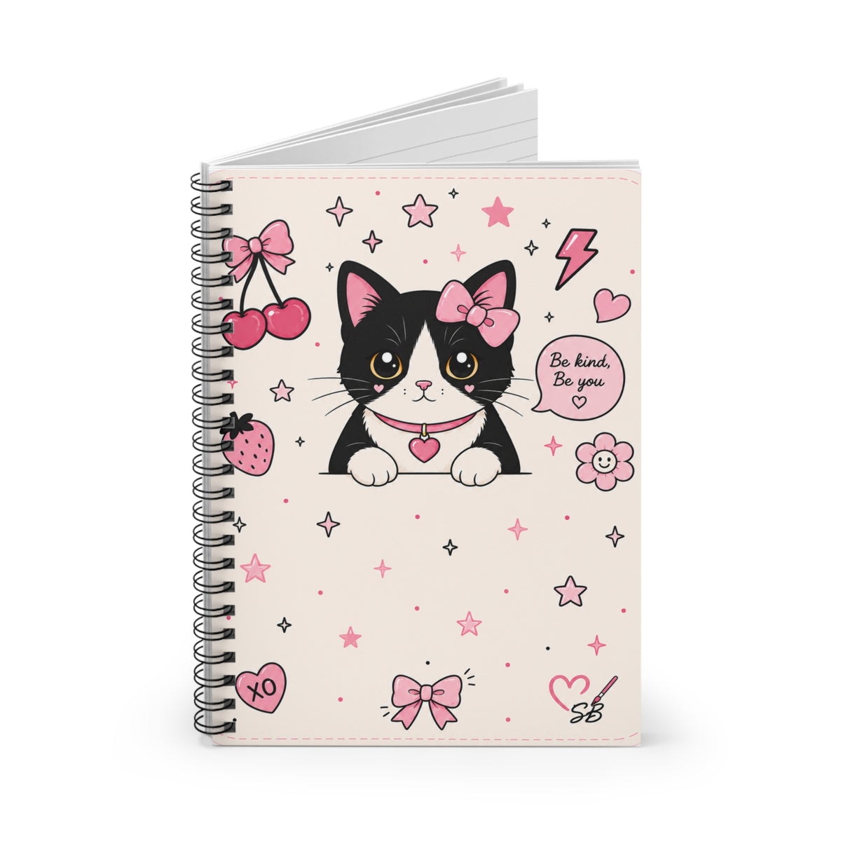 Kawaii Cat Spiral Notebook — "Be Kind, Be You" Ruled Journal