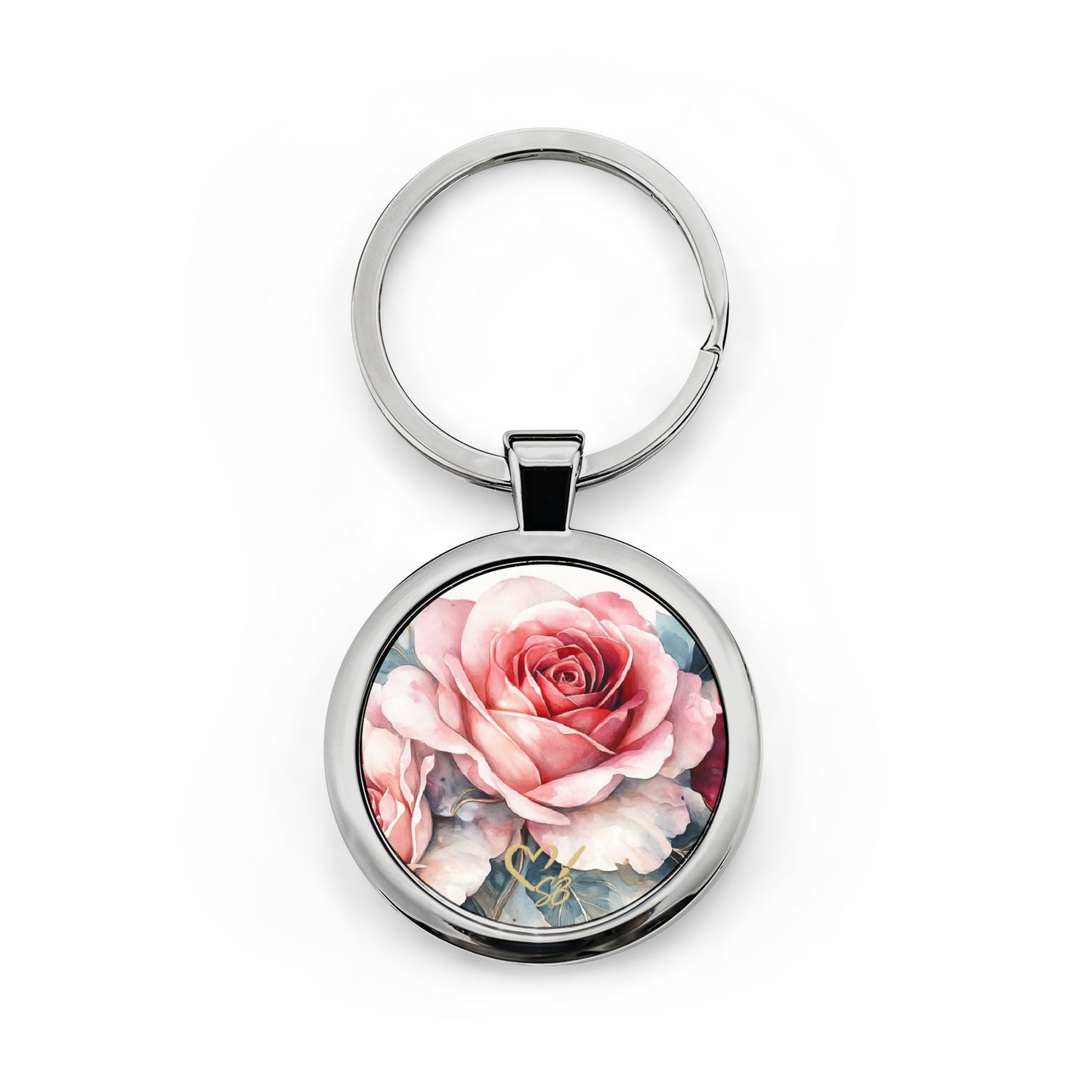 Llavero Rosie-Round de acero inoxidable con diseño de rosa rosa — Regalo floral para madres y damas de honor