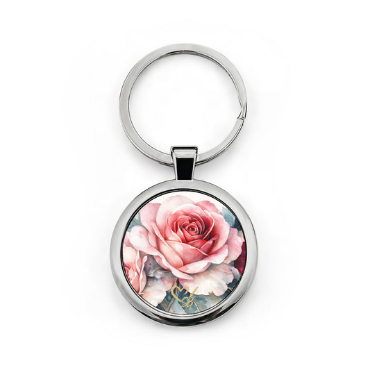 Llavero Rosie-Round de acero inoxidable con diseño de rosa rosa — Regalo floral para madres y damas de honor