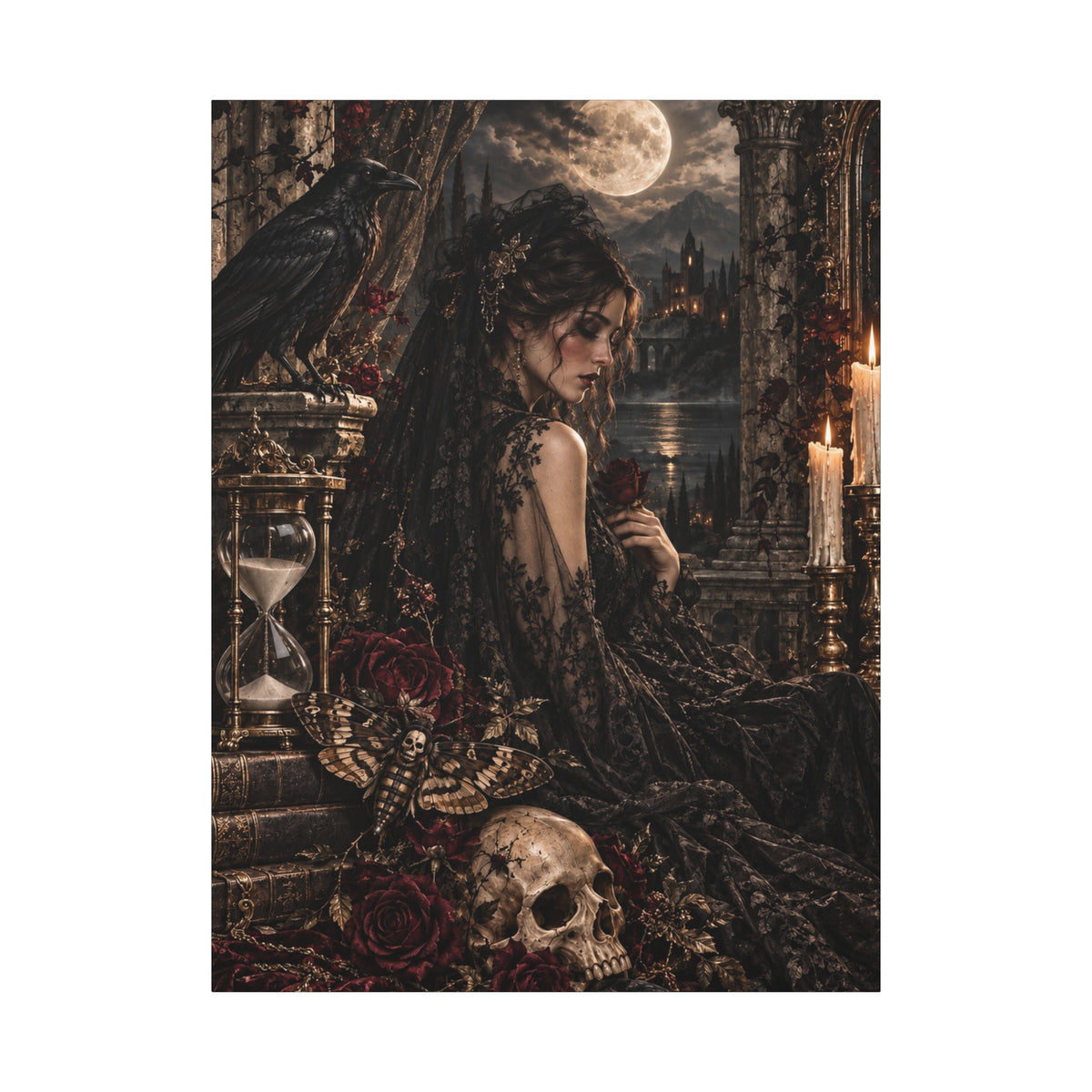 Gothic Mourning Matte Canvas Wall Art —Cathedral Sorrows -Dark Victorian Lady with Skull & Roses