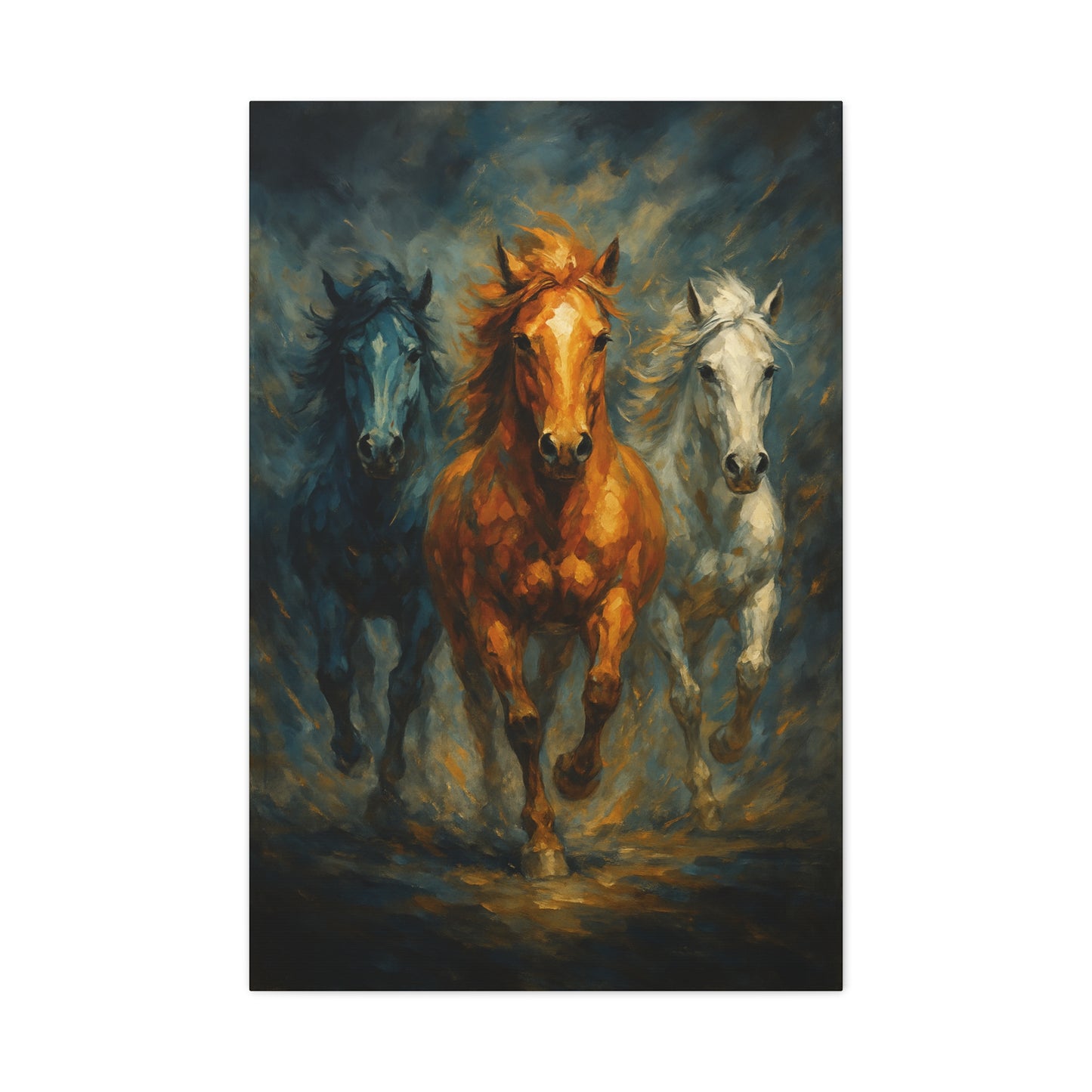 Arte de pared en lienzo mate "Caballos corriendo" — Pintura de trío dramático, estirado 1.25"