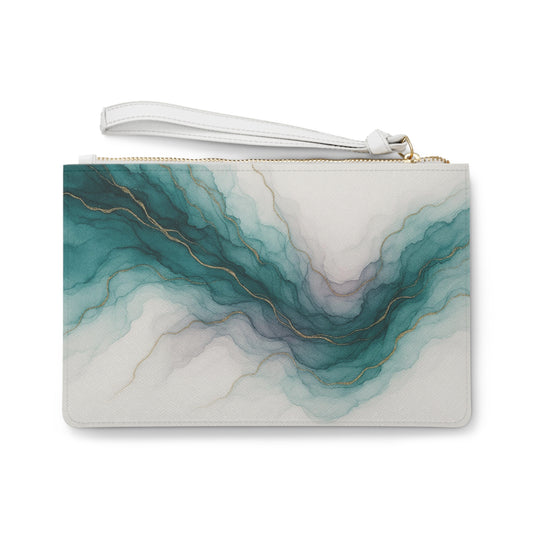 Waters Edge-Teal Marble Wave Clutch Bag — Abstract Gold Vein Wristlet