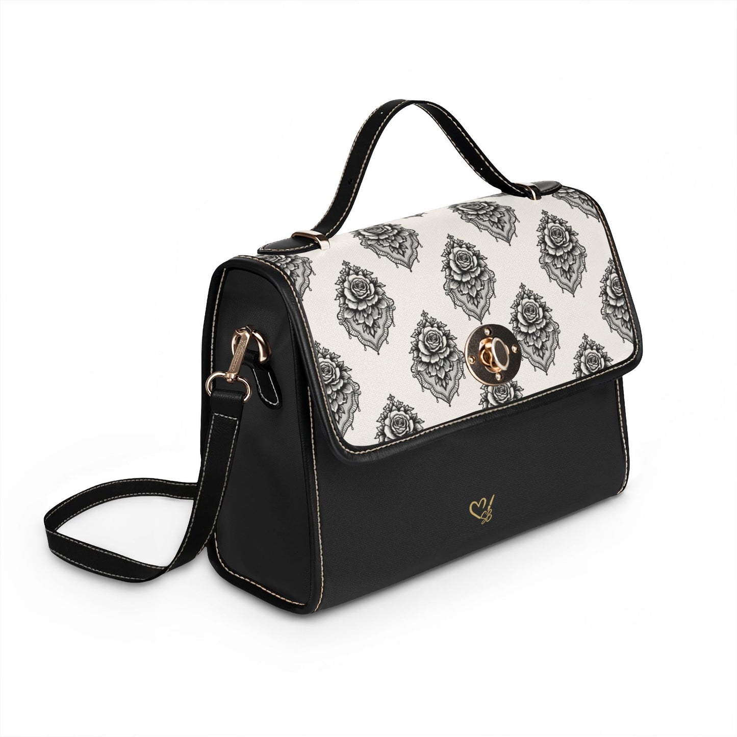 Bolso de lona "Rosa Velada" - Elegante bandolera damasco en blanco y negro