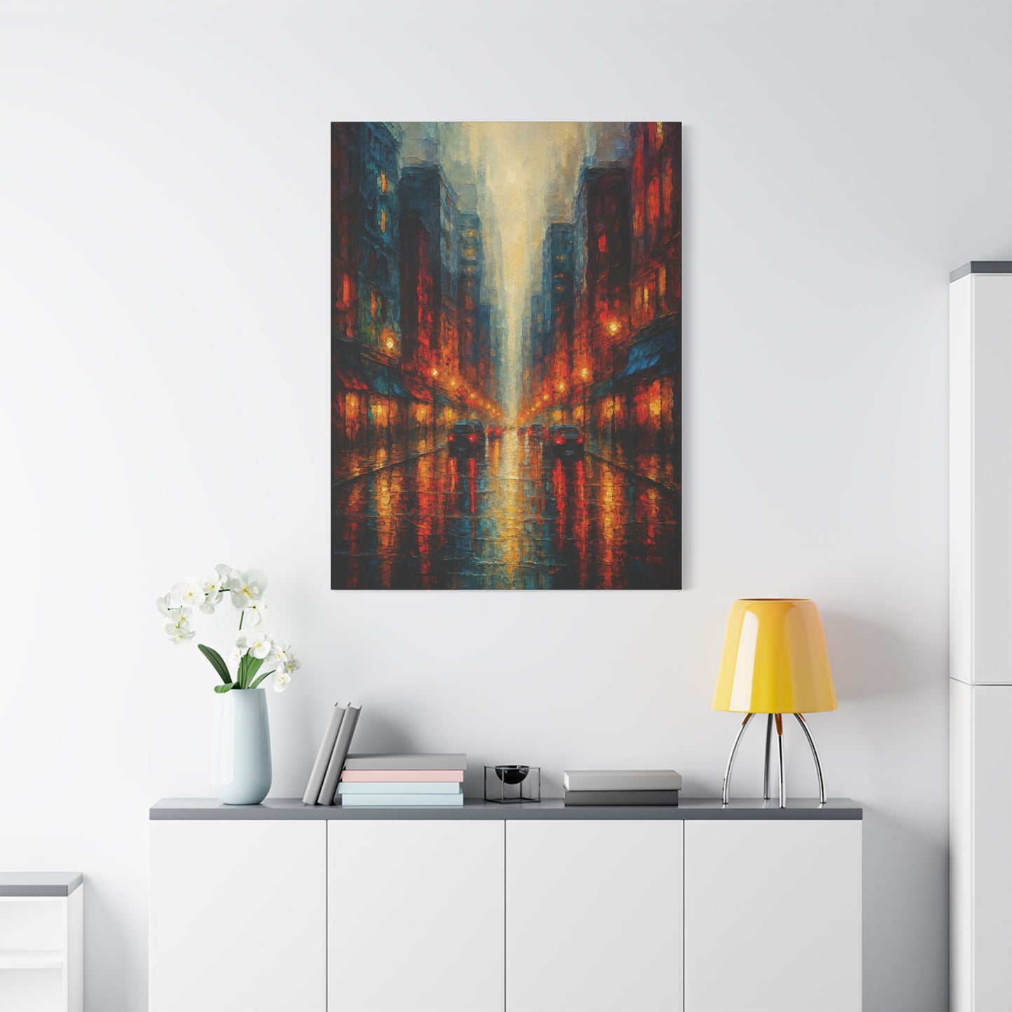Lienzo mate "Paisaje urbano lluvioso" - Arte de pared urbano nocturno estirado