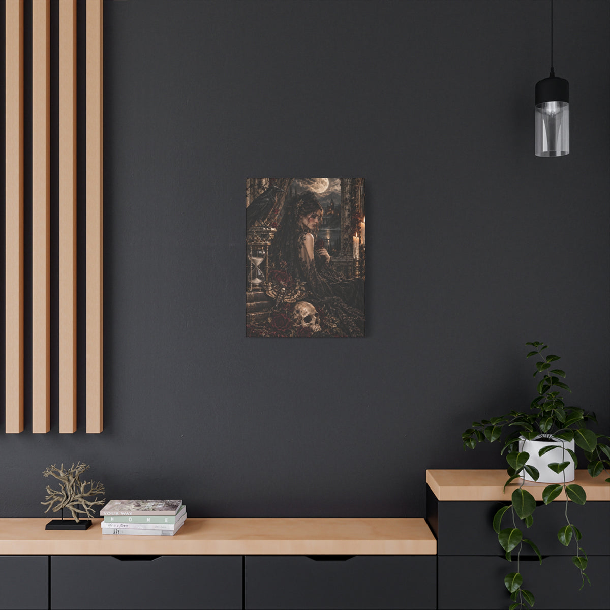Gothic Mourning Matte Canvas Wall Art —Cathedral Sorrows -Dark Victorian Lady with Skull & Roses