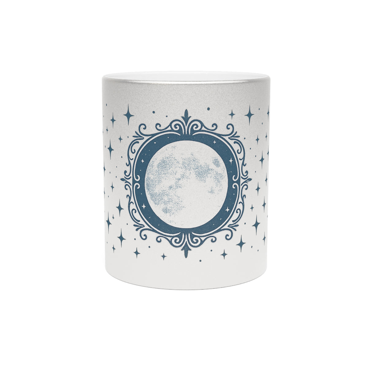 Taza Metálica Fase Lunar — Taza de Café Celestial Plateada/Dorada con Estrellas y Luna Creciente