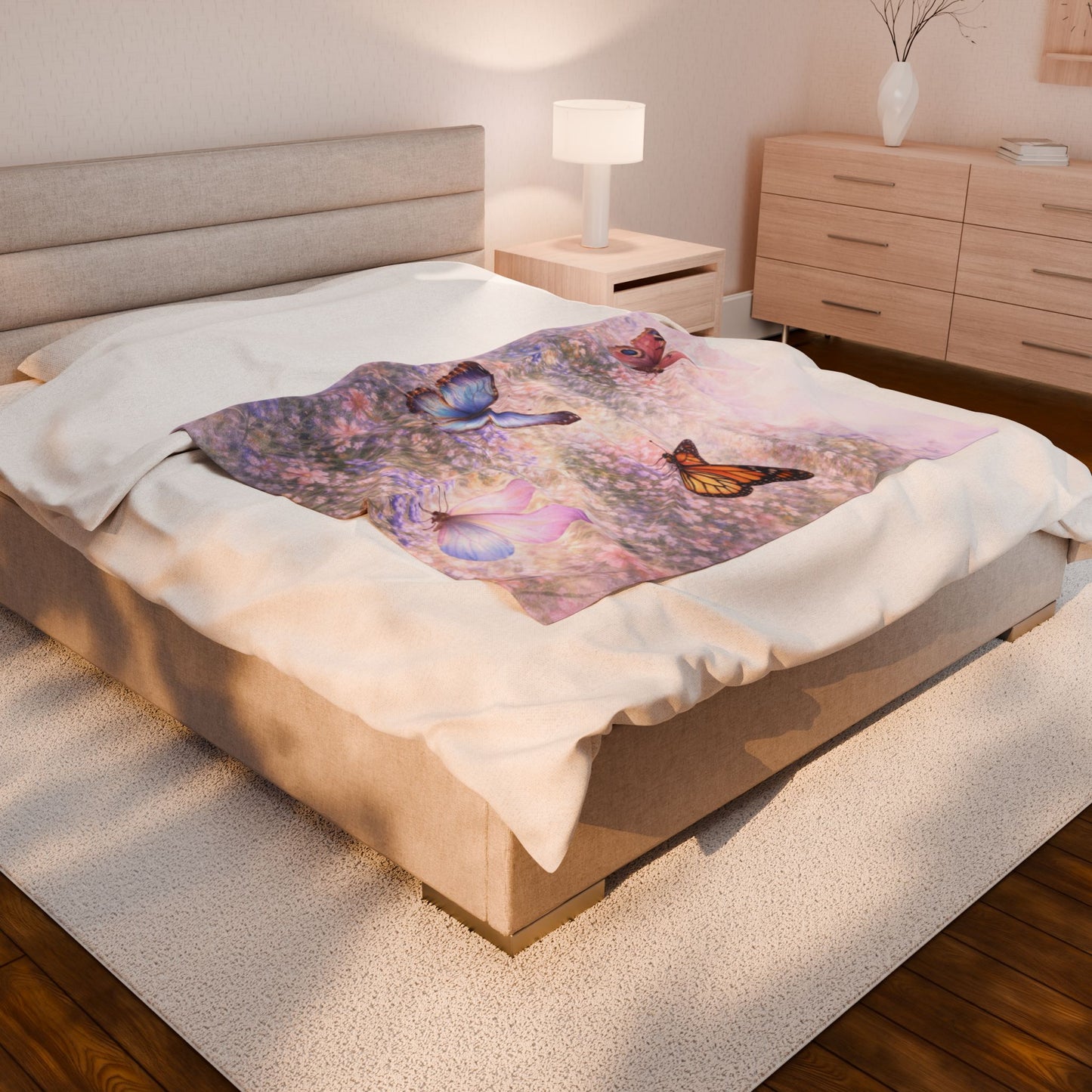 Butterfly Meadow Velveteen Plush Blanket — Soft Pastel Throw for Bedroom, Nursery & Cozy Gifts