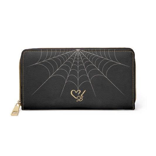 Billetera con Cremallera Cascade Spiderweb — Cartera con Cremallera de Piel Sintética Negra con Sutil Diseño de Telaraña