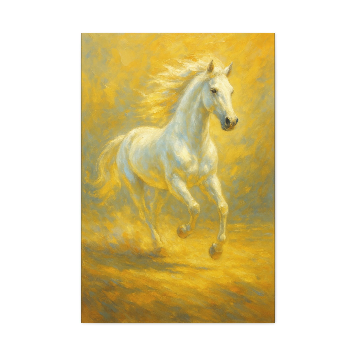 Running White Horse Matte Canvas Wall Art — Golden Equestrian Print