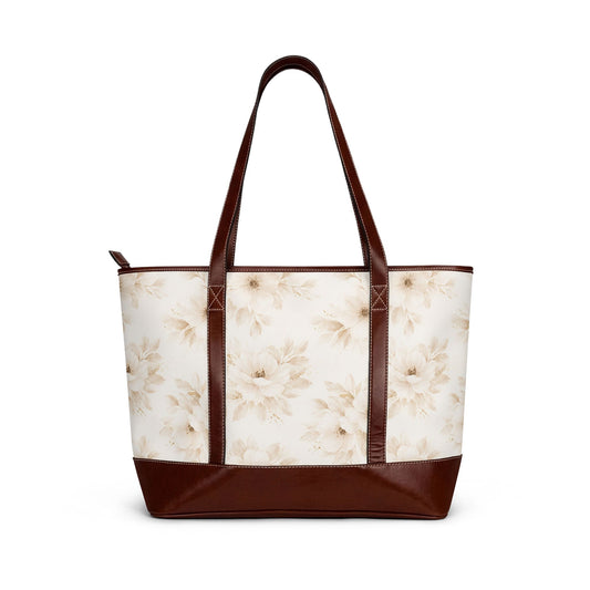 Soft Bloom floral cream tote handbag front view – vintage watercolor dahlia print with brown leather trim by the Soulful Brush

