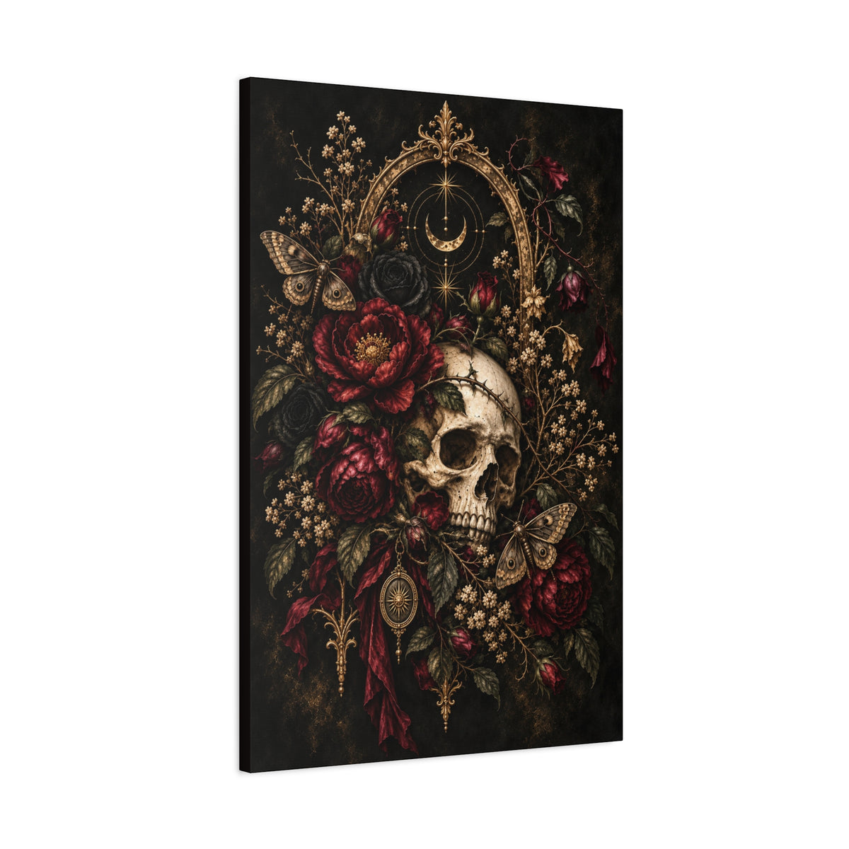 Skull & Roses Gothic Canvas Wall Art —Eclipsed Moon- Matte Stretched 1.25"