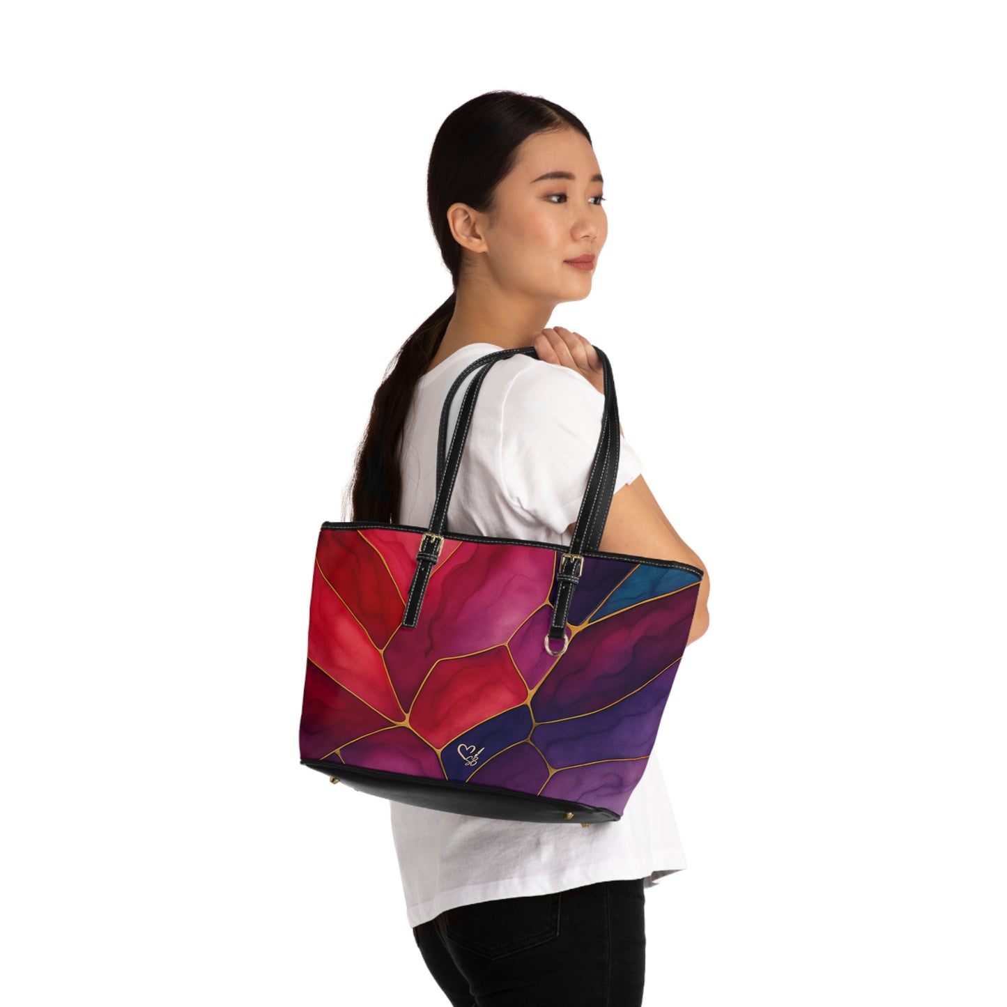 Shelby Artisan Luxe stained glass floral PU leather shoulder tote lifestyle view – vibrant jewel-tone floral print structured tote by the Soulful Brush
