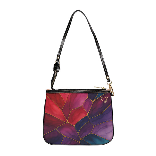 Shelby Artisan Luxe small shoulder bag front view – vibrant jewel-tone stained glass print compact crossbody by the Soulful Brush
