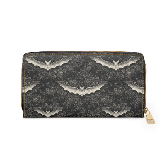 Cartera con cremallera Eclipse Noir — Cartera de mano con patrón gótico floral de murciélago para Halloween