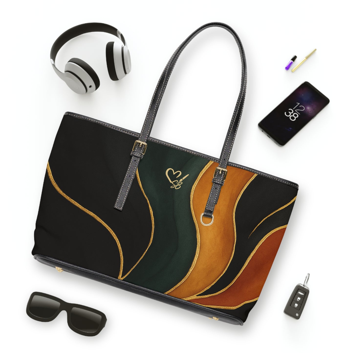 Vivian Artisan Luxe PU leather shoulder bag 17x11 lifestyle shot – earthy green burnt orange wearable art tote by the Soulful Brush
