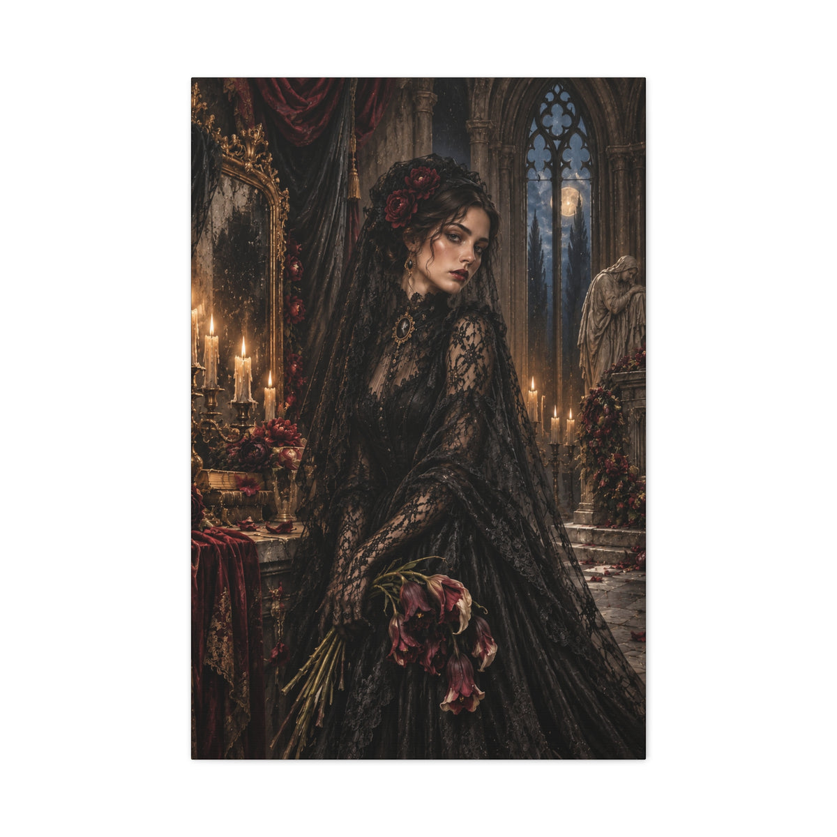 Gothic Mourning Lady Matte Canvas Print — Rose for the Departed-Victorian Dark Romantic Wall Art