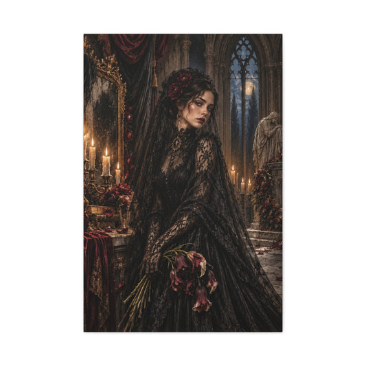 Gothic Mourning Lady Matte Canvas Print — Rose for the Departed-Victorian Dark Romantic Wall Art
