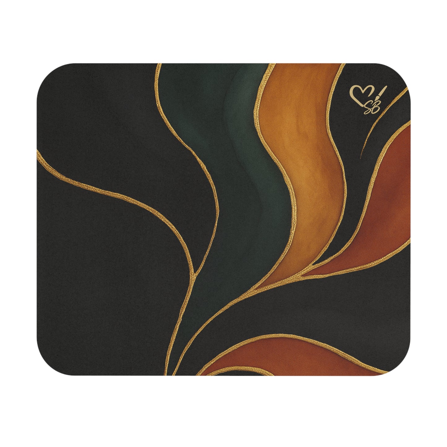 Vivian Artisan Luxe mouse pad front view – abstract autumn waves earthy green burnt orange print desk accessory by the Soulful Brush
