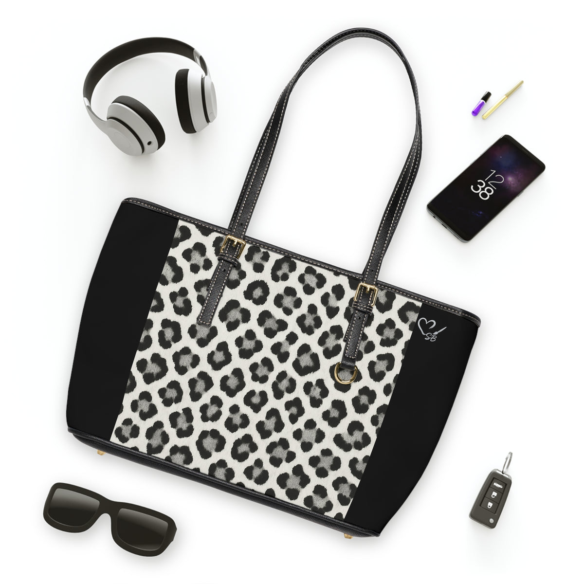 Bolso de hombro de piel sintética negra y leopardo de las nieves