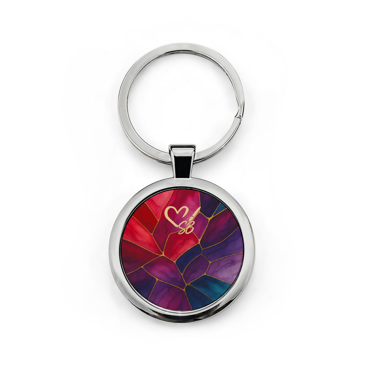 Shelby-2025 Artisan Luxe Collection-Round Stainless Steel Keychain — Colorful Abstract Heart Design